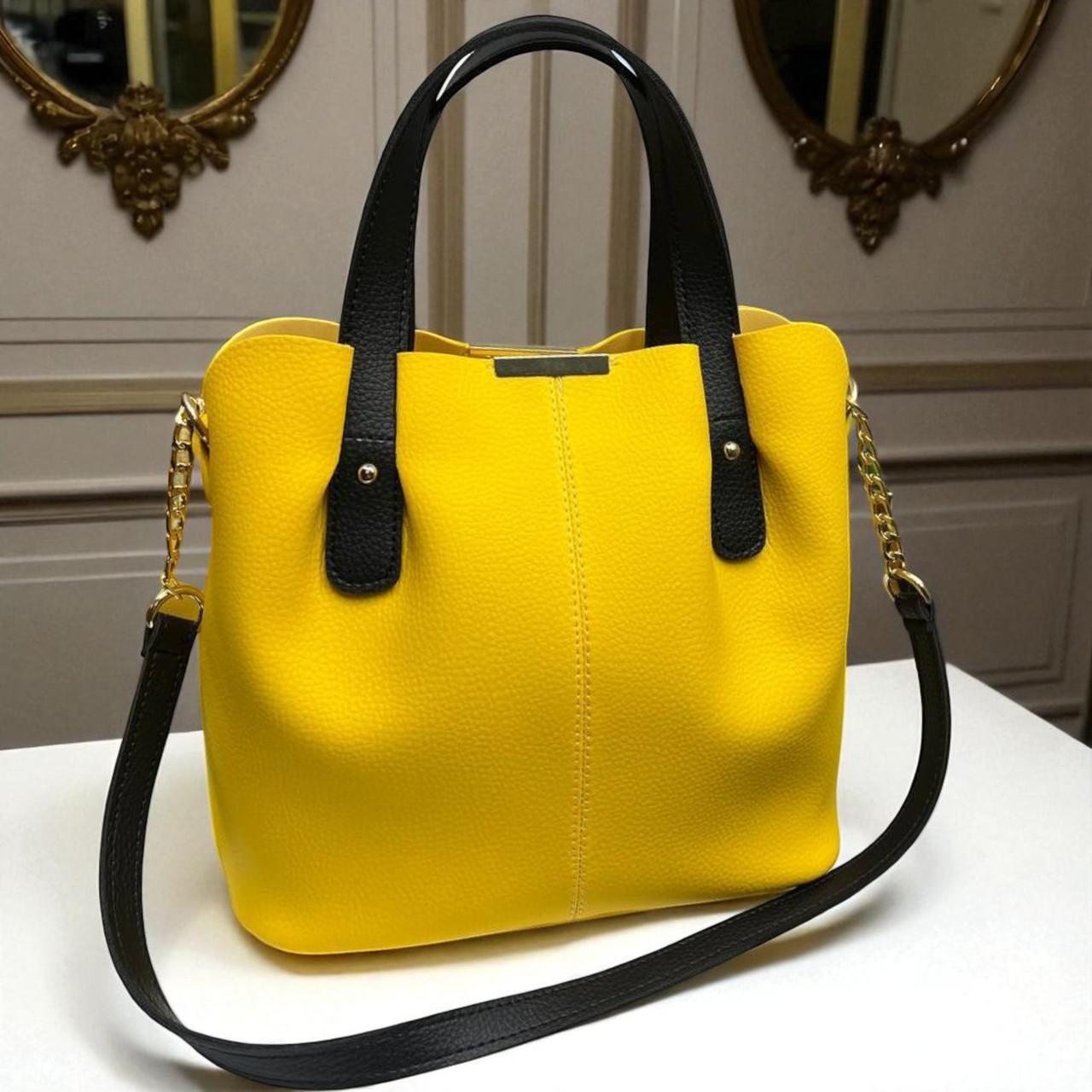 Сумка большая женская элегантная вместительная через плечо из экокожи плечевой ремешок Желтый с черным Сумка большая женская элегантная вместительная через плечо из экокожи плечевой ремешок Желтый с черным