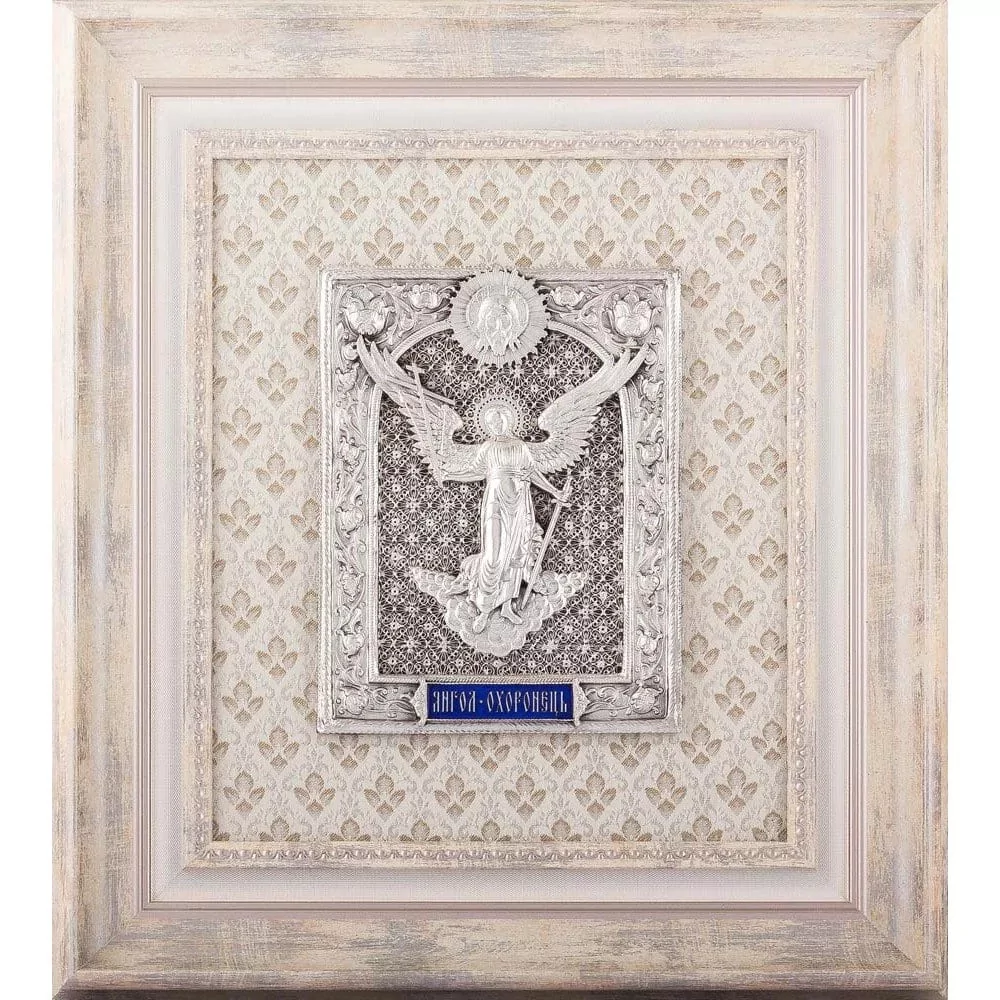 Ангел Хранитель значок на фоні тканини в білій рамі (0104001039y)