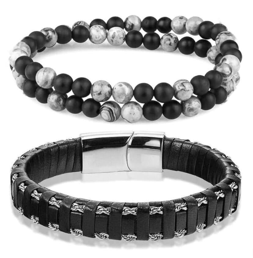 Комплект браслетів зі шкіри із срібною застібкою та подвійного браслета із шунгіту та яшми 6 мм р. 16,5 (12087)
