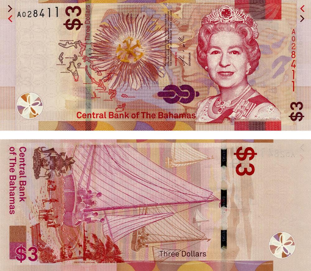 Коллекционная банкнота Багамы 3 доллара 2019 UNC Pnew (Б12600)