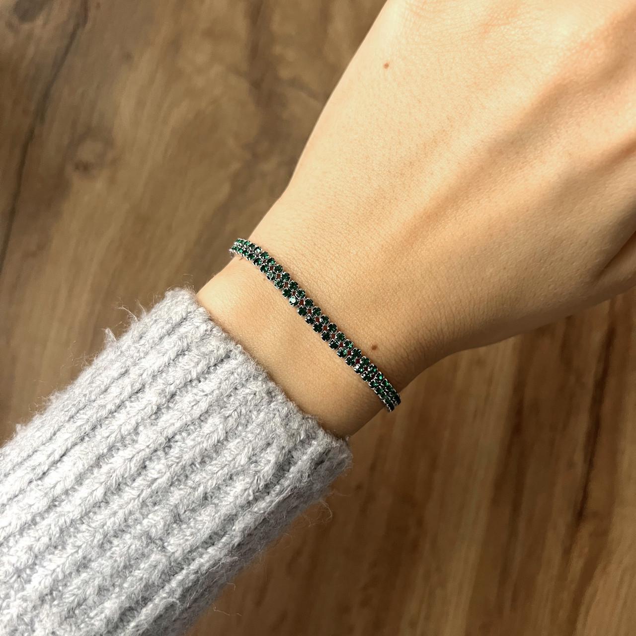 Браслет доріжка кристальна подвійна медична сталь родій Зелений (x203-1) - фото 2