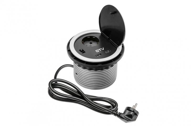 Удлинитель для офиса круглый GTV на 1 розетку 2xUSB зарядки проволока 1,5 м алюминий (AE-BPW1S2UCH-81)