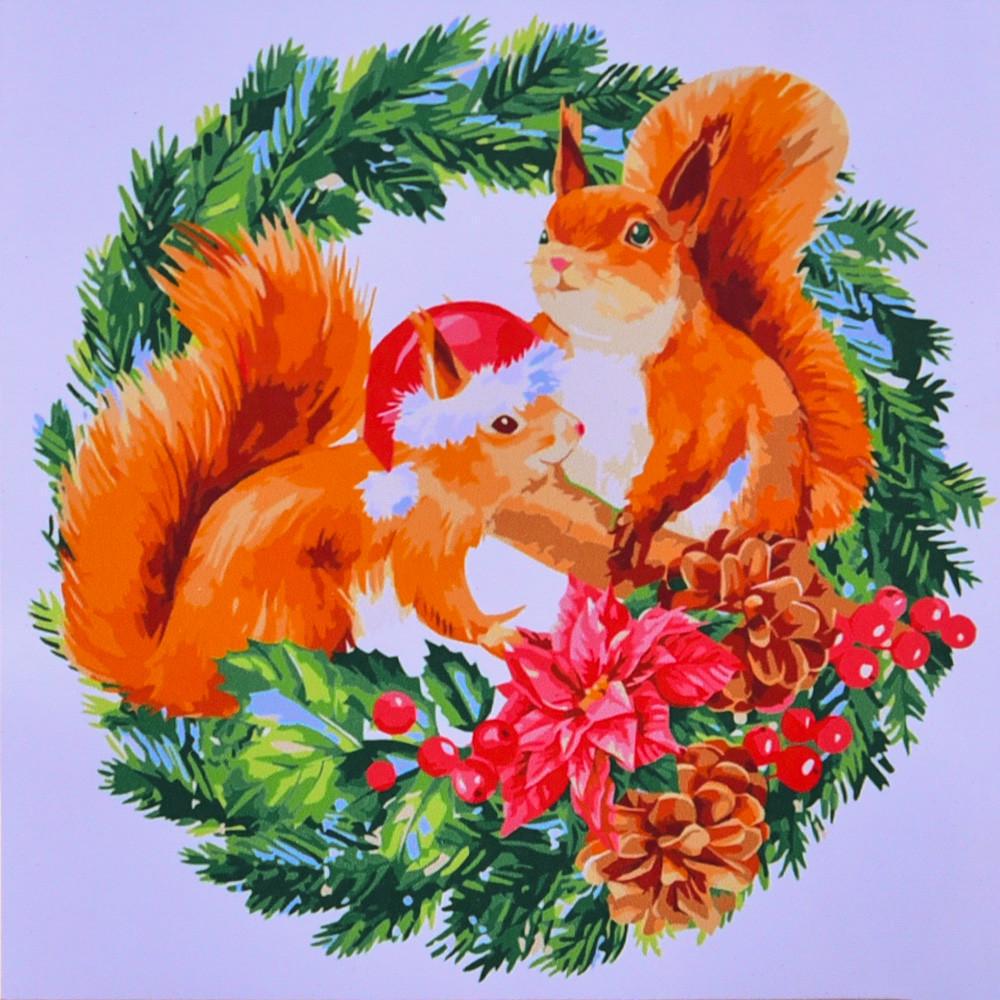 Картина за номерами Strateg Преміум Зимові білочки з лаком та з рівнем 40х40 см (SK058)