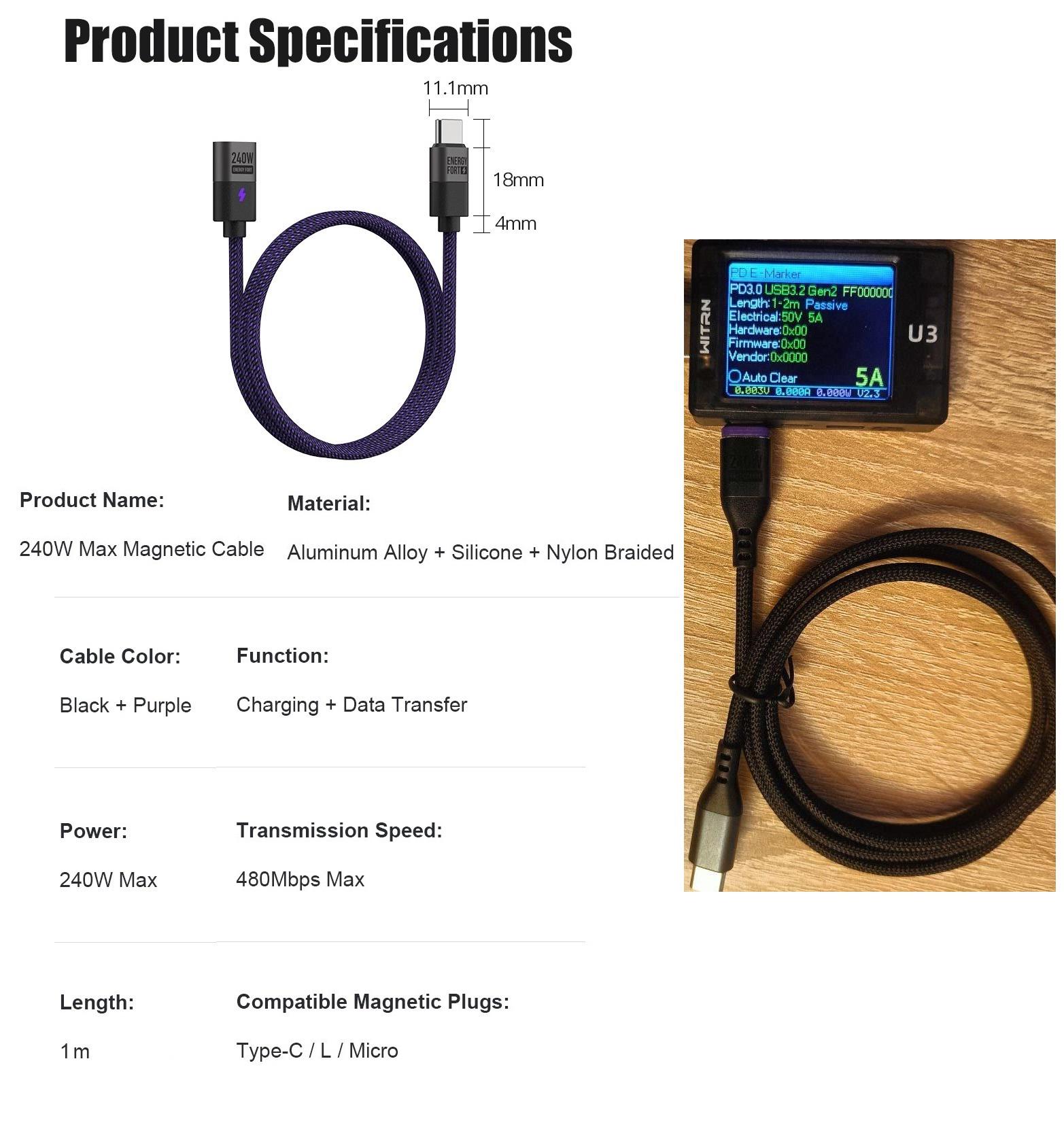 Магнитный кабель AUFU Type-C PD 240w Fast Charge Black (26720332) - фото 11 Магнитный кабель AUFU Type-C PD 240w Fast Charge Black (26720332) - фото 11
