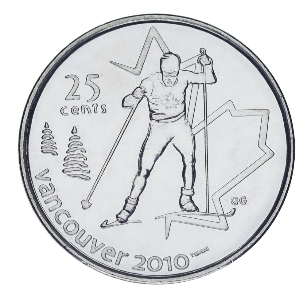 Коллекционная монета Канада 25 центов 2009 UNC XXI зимние Олимпийские игры в Ванкувере 2010-Биговые лыжи (М03176)
