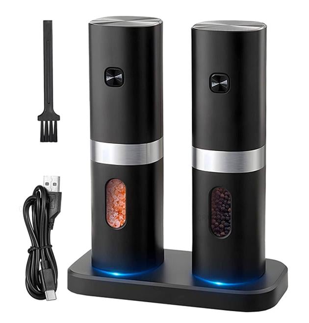 Млин для спецій електричний портативний акумуляторний з підсвіткою та підставкою 2 шт. Чорний
