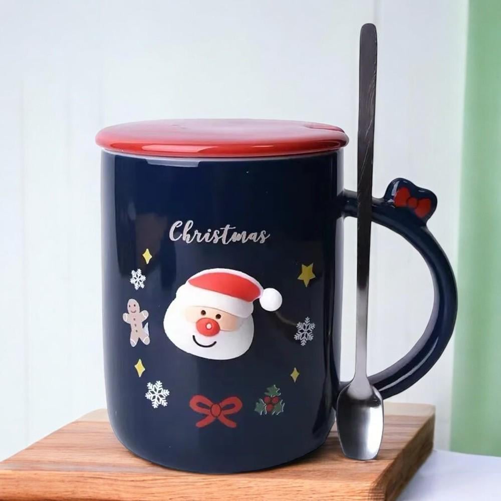 Чашка новогодняя с крышкой и ложкой Санта керамика 360 мл Синий - фото 1