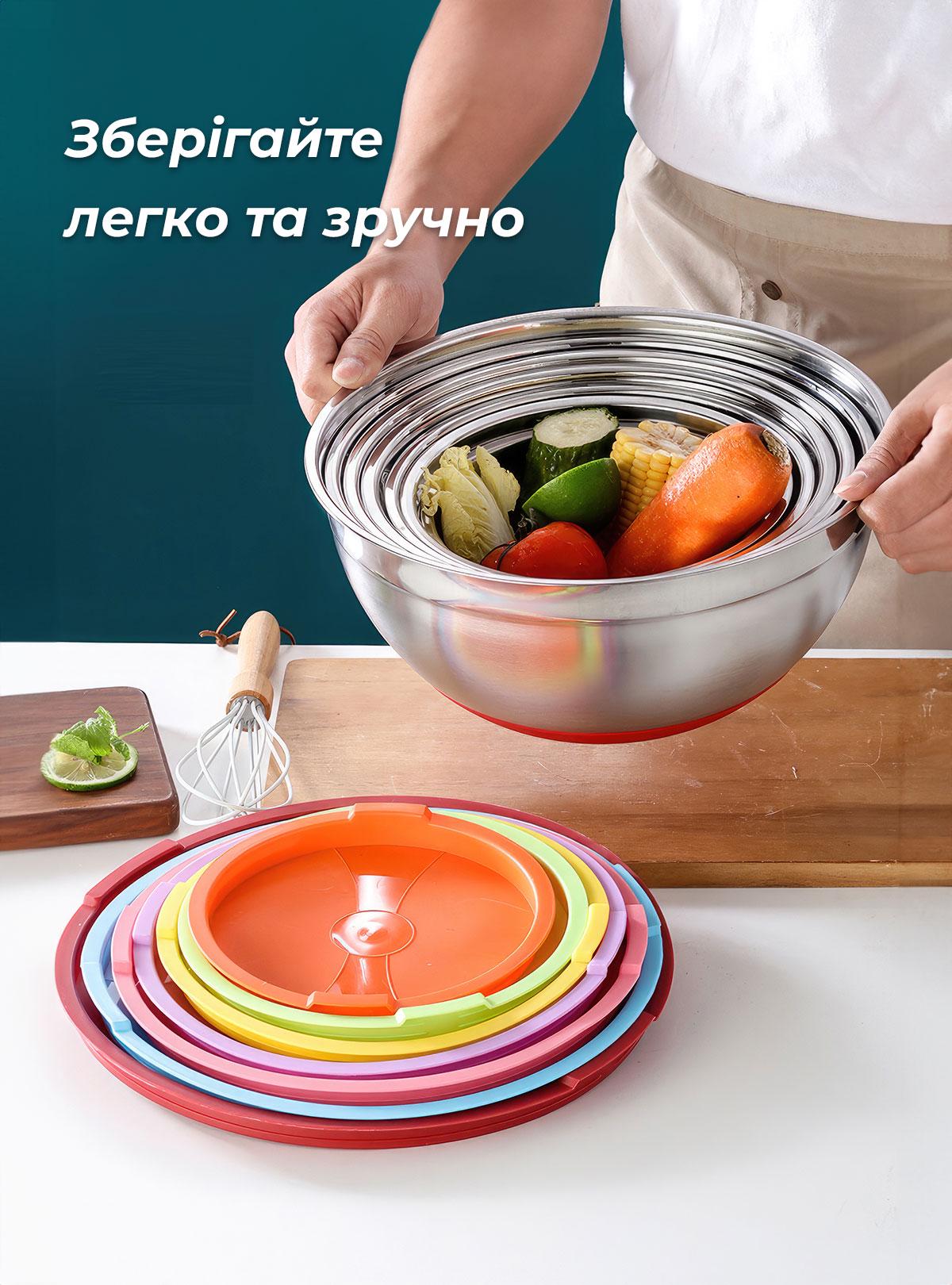 Набір металевих мисок OnePro 8836 із силіконовою кришкою 18-30 см 7 шт. Сірий (66190) - фото 8