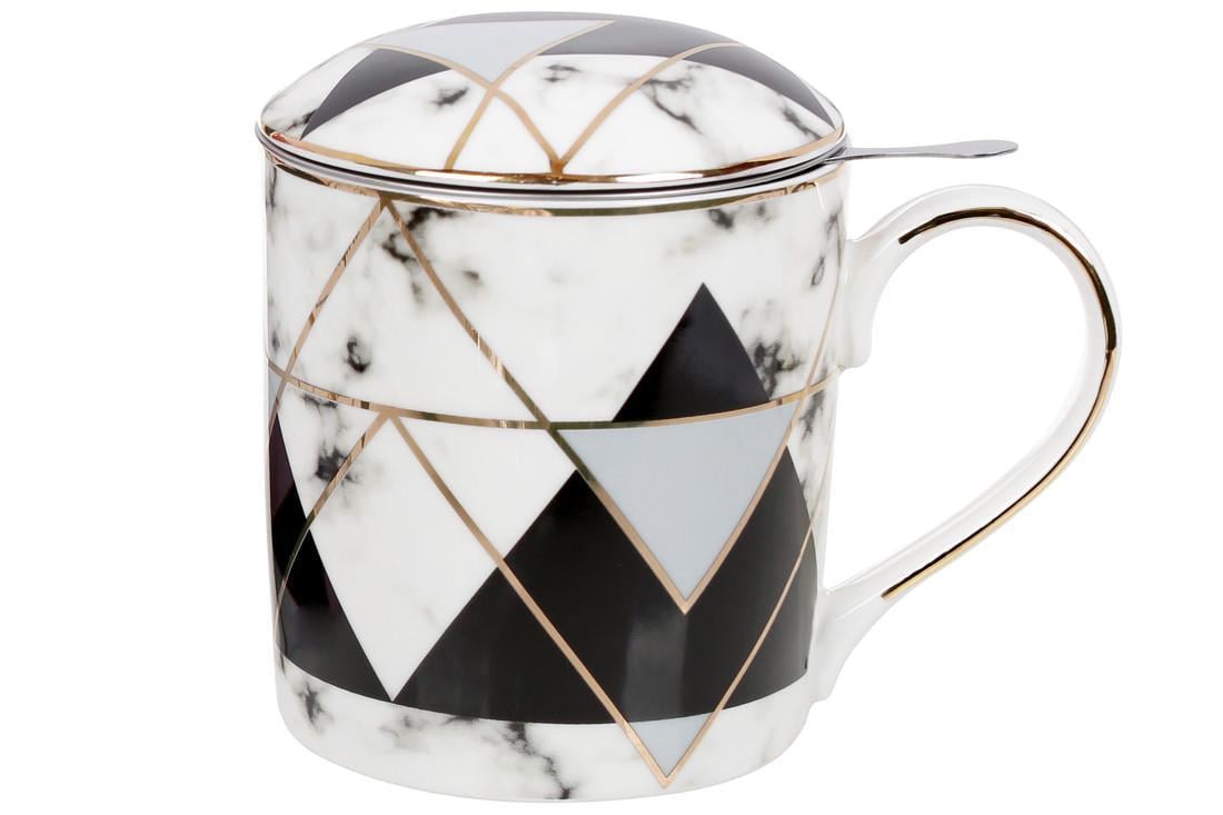 Кружка фарфоровая BonaDi Мраморная геометрия с металлическим ситом 380 мл (331-733)