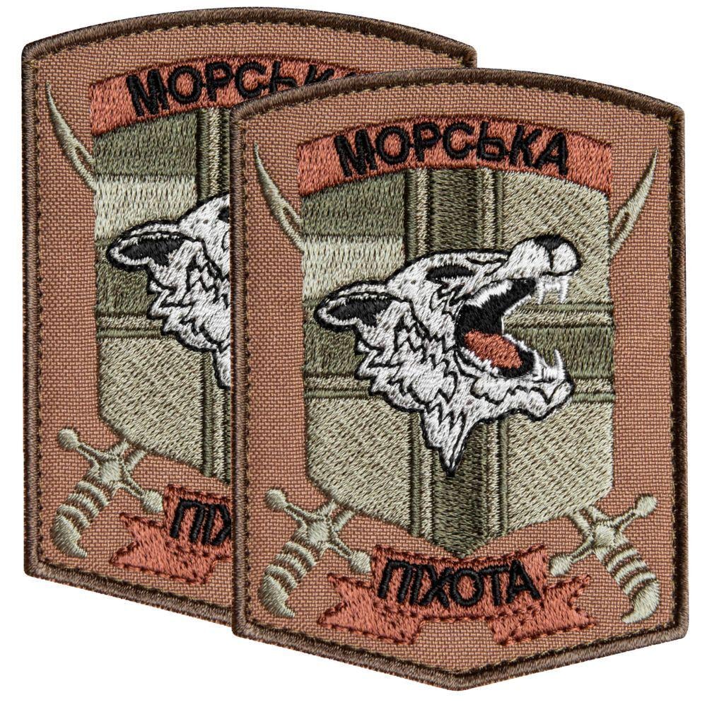 Набор шевронов с липучкой Морская пехота 1 ОБМП 7х9,5 см 2 шт. Бежевый (25525)