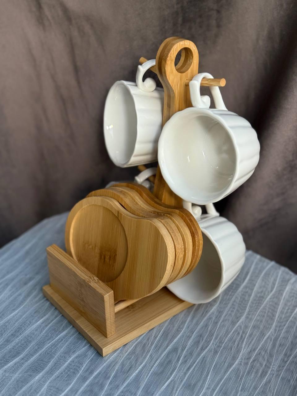 Набор кружок керамических Elisey Тандем на бамбуковой подставке 170 мл/25 см 4 шт. Белый (125-81-9184-004)