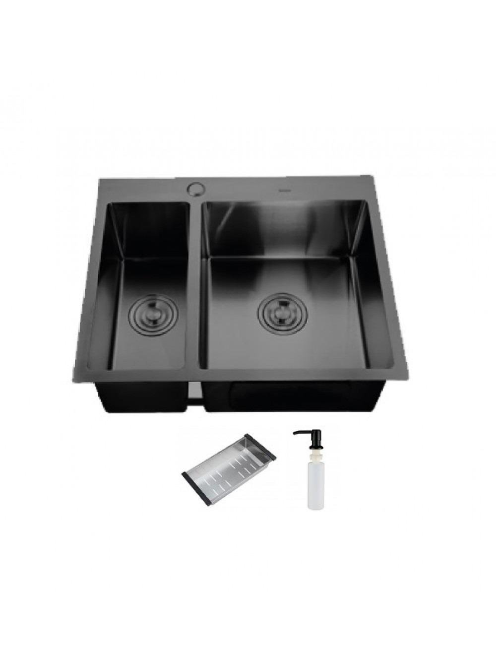 Мойка кухонная двойная ITAL ID575485-B из нержавеющей стали с дозатором и колландером 575x485x215 мм Черный (21103949)