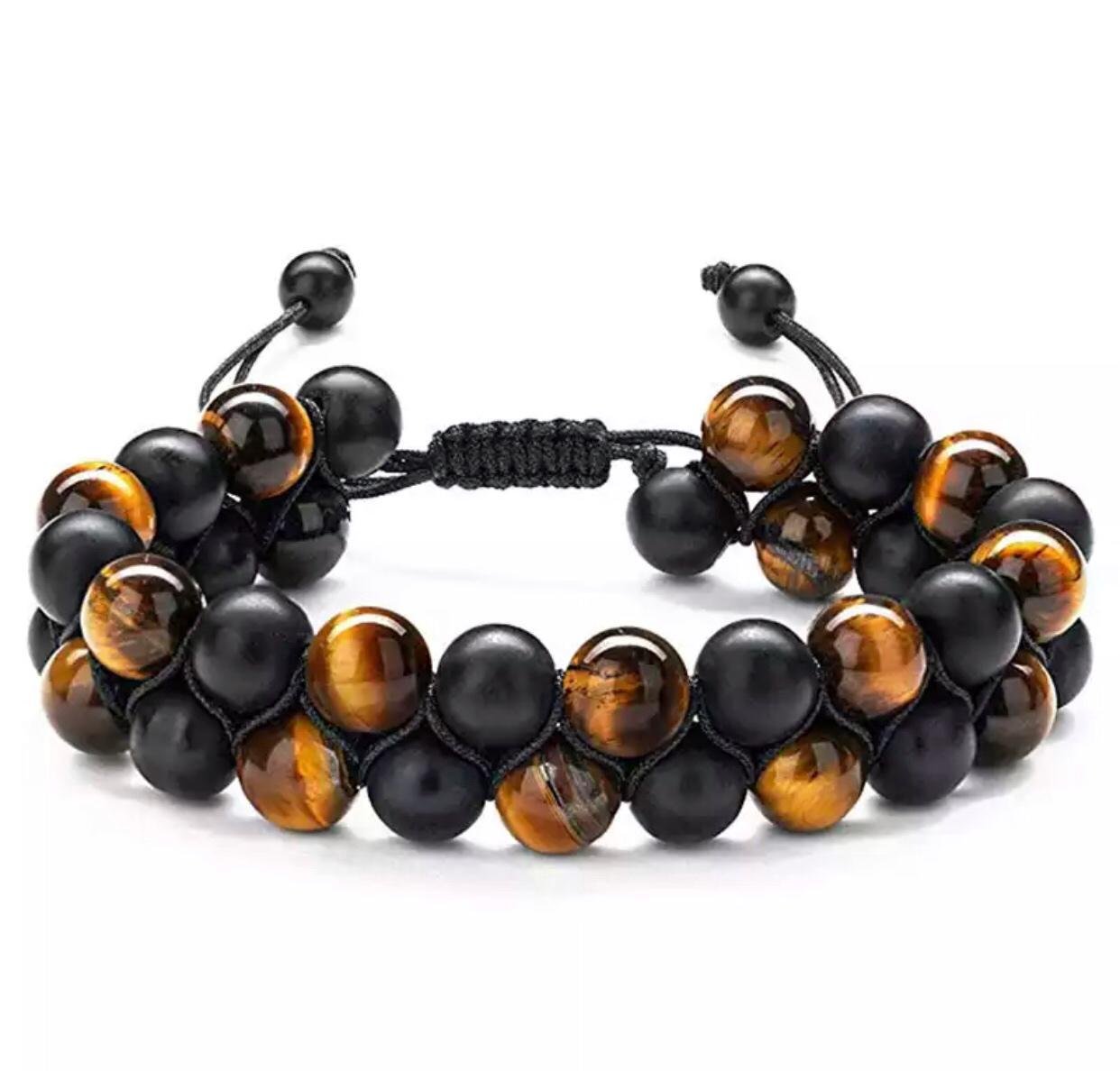 Браслет двойной плетеный из шунгита и тигрового глаза р. 18 (80136)