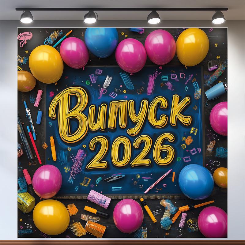 Баннер для фотозоны "Випуск 2026" яркие розовые и синие шарики с канцелярией на темном фоне 120x120 см №41005 Баннер для фотозоны "Випуск 2026" яркие розовые и синие шарики с канцелярией на темном фоне 120x120 см №41005