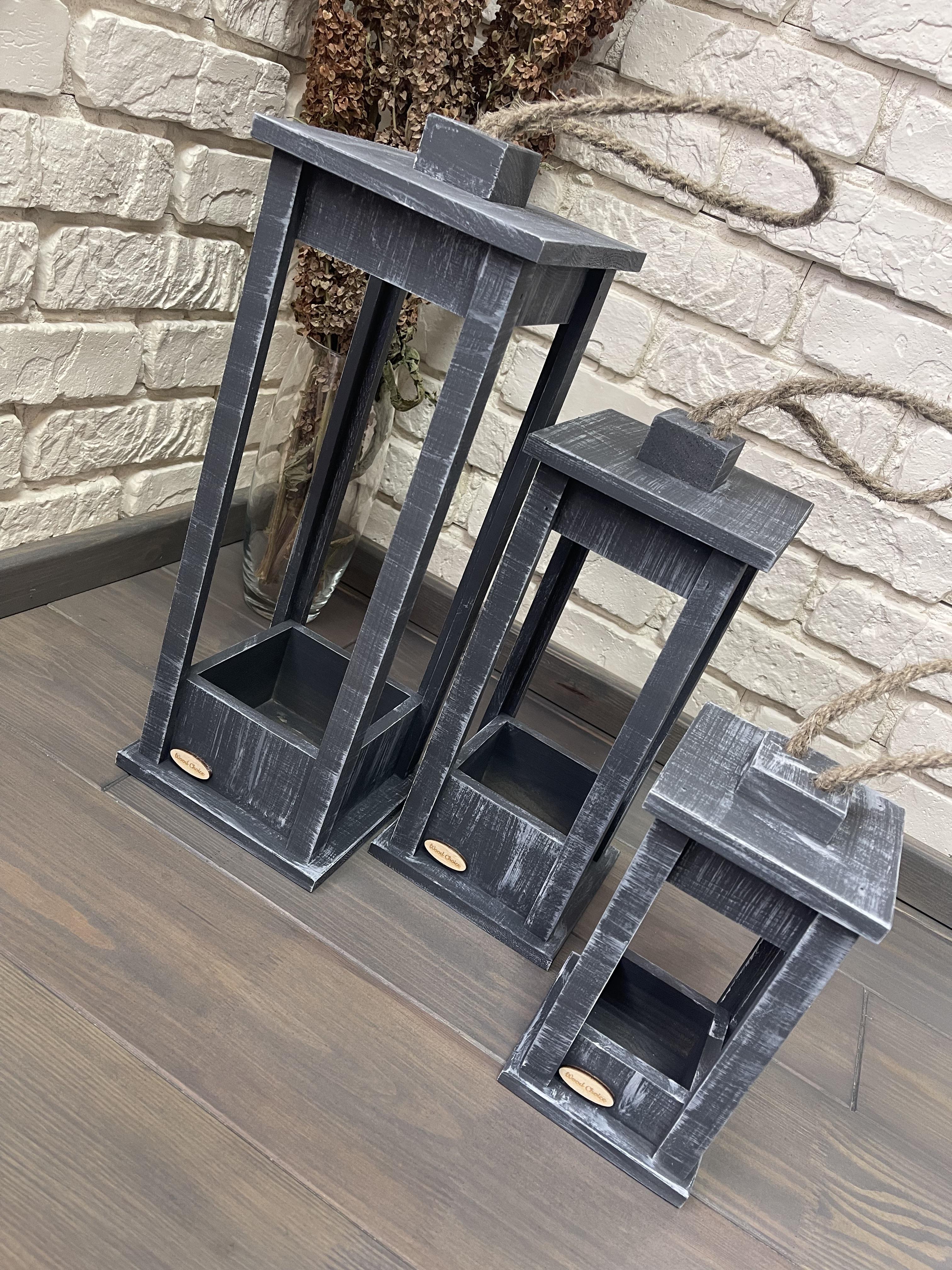 Набор подсвечников деревянные Фонари 25/35/45 см Серо-белый - фото 3