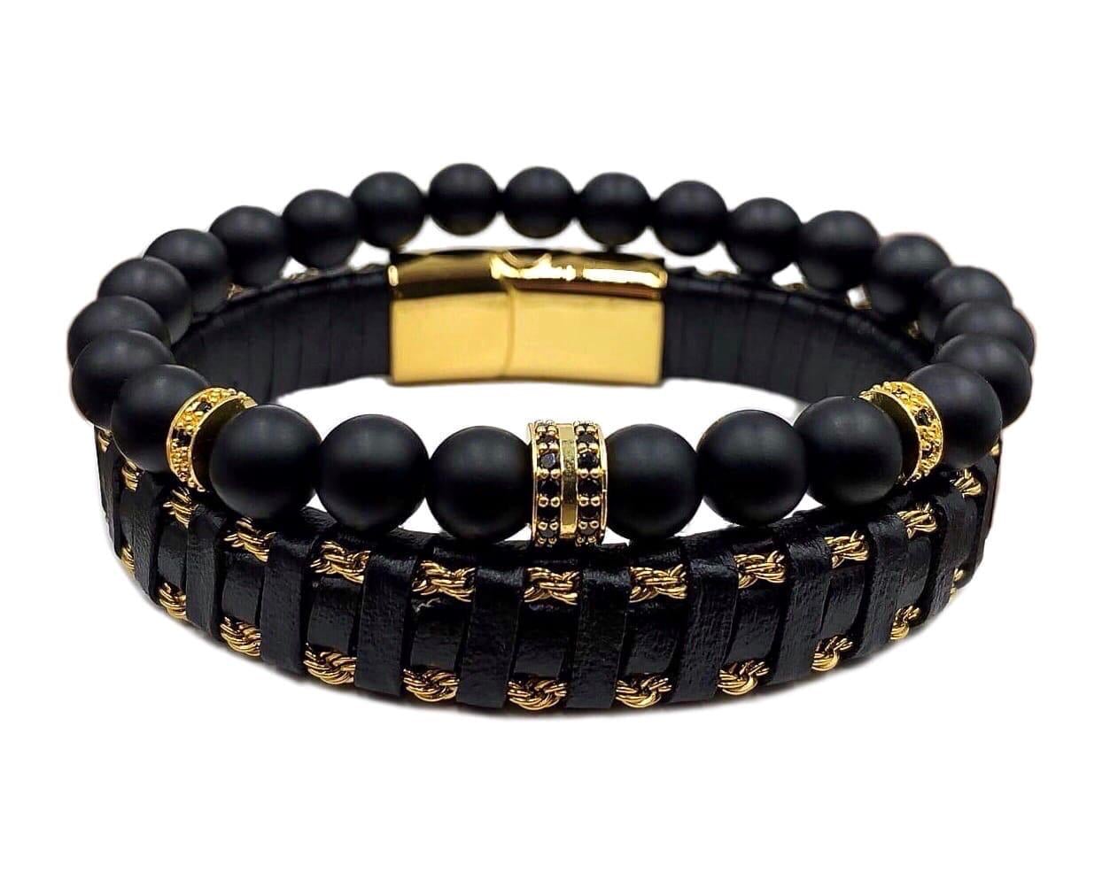 Комплект браслетів зі шкіри із золотою застібкою та шунгіту з дисками р. 18,5 (17896635)