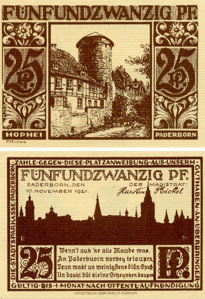 Коллекционная банкнота Германия Нотгельд 25 пфеннигов 1921 F-VF Падерборн (Б18521) Коллекционная банкнота Германия Нотгельд 25 пфеннигов 1921 F-VF Падерборн (Б18521)
