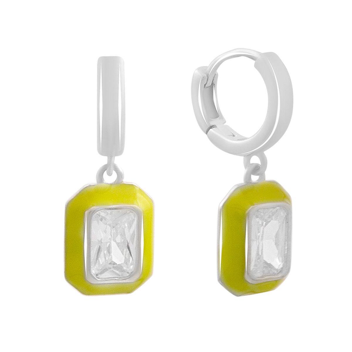 Серебряные серьги-кольца с подвесками и прозрачными вставками в желтой эмали