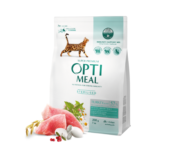 Корм сухой для взрослых кастрированных/стерилизованных кошек Optimeal Sterilized Cat с индейкой и овсом 200 г Корм сухой для взрослых кастрированных/стерилизованных кошек Optimeal Sterilized Cat с индейкой и овсом 200 г