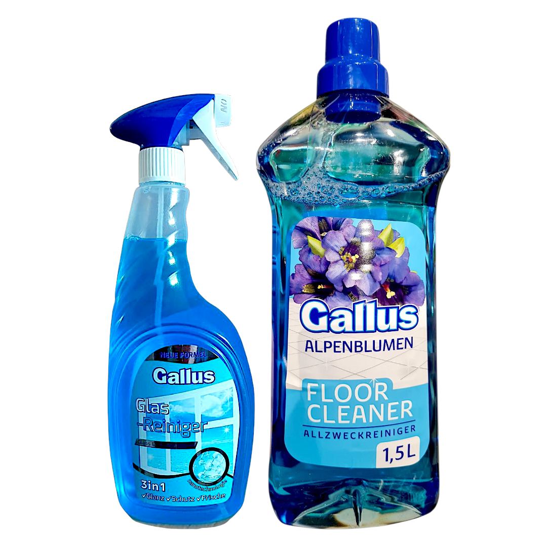 Набір засобів Gallus для миття підлоги Allzweckreiniger Bergblumen 1,5 л/спрей для скла та зеркал Glasreiniger 1 л Блакитний (111141)