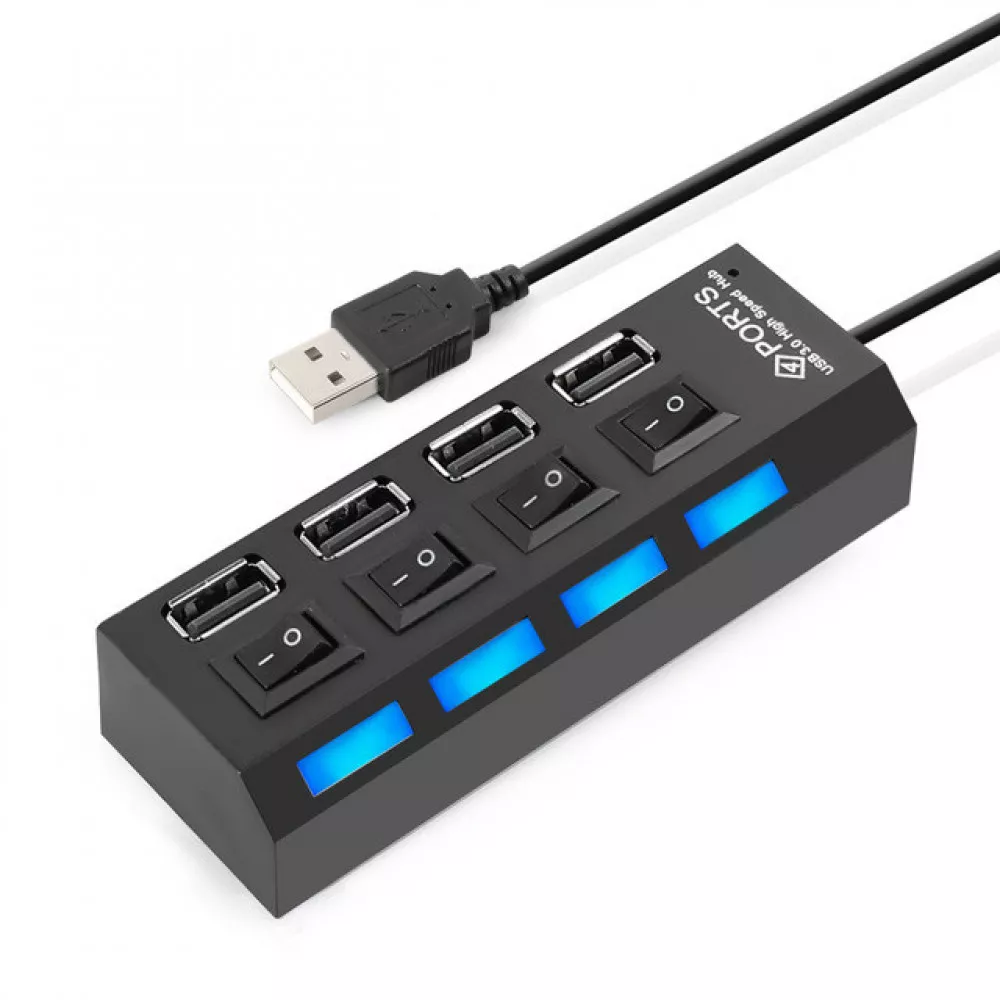 USB-хаб 4 портовий з кнопками включення 5 Вт 4 USB 2,0 35 см Чорний