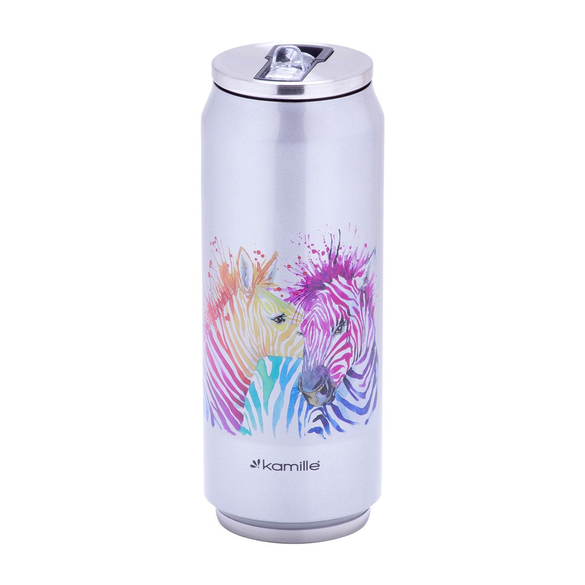 Термобанка Kamille 500 мл из нержавеющей стали с трубочкой Зебра KM-2214ZE