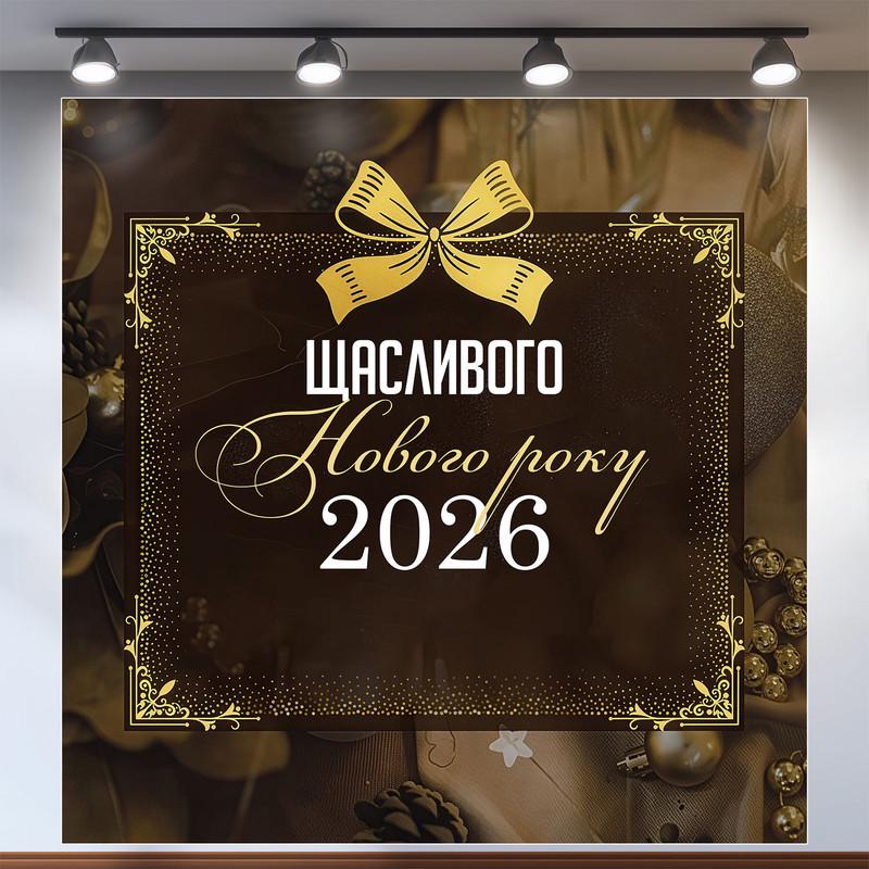 Баннер праздничный "Щасливого Нового року 2026" в винтажном стиле с бантом 160x160 см №46039