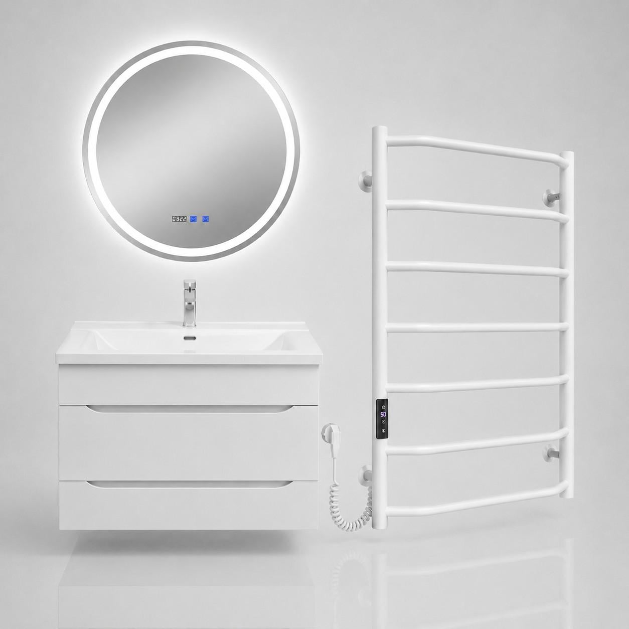 Комплект для ванной комнаты Sanwest Malta 5в1/Adamant Quanto 60/Qtap White/LED-зеркало круглое Ø 60 см/полотенцесушитель Ava JD03 800х500 мм White