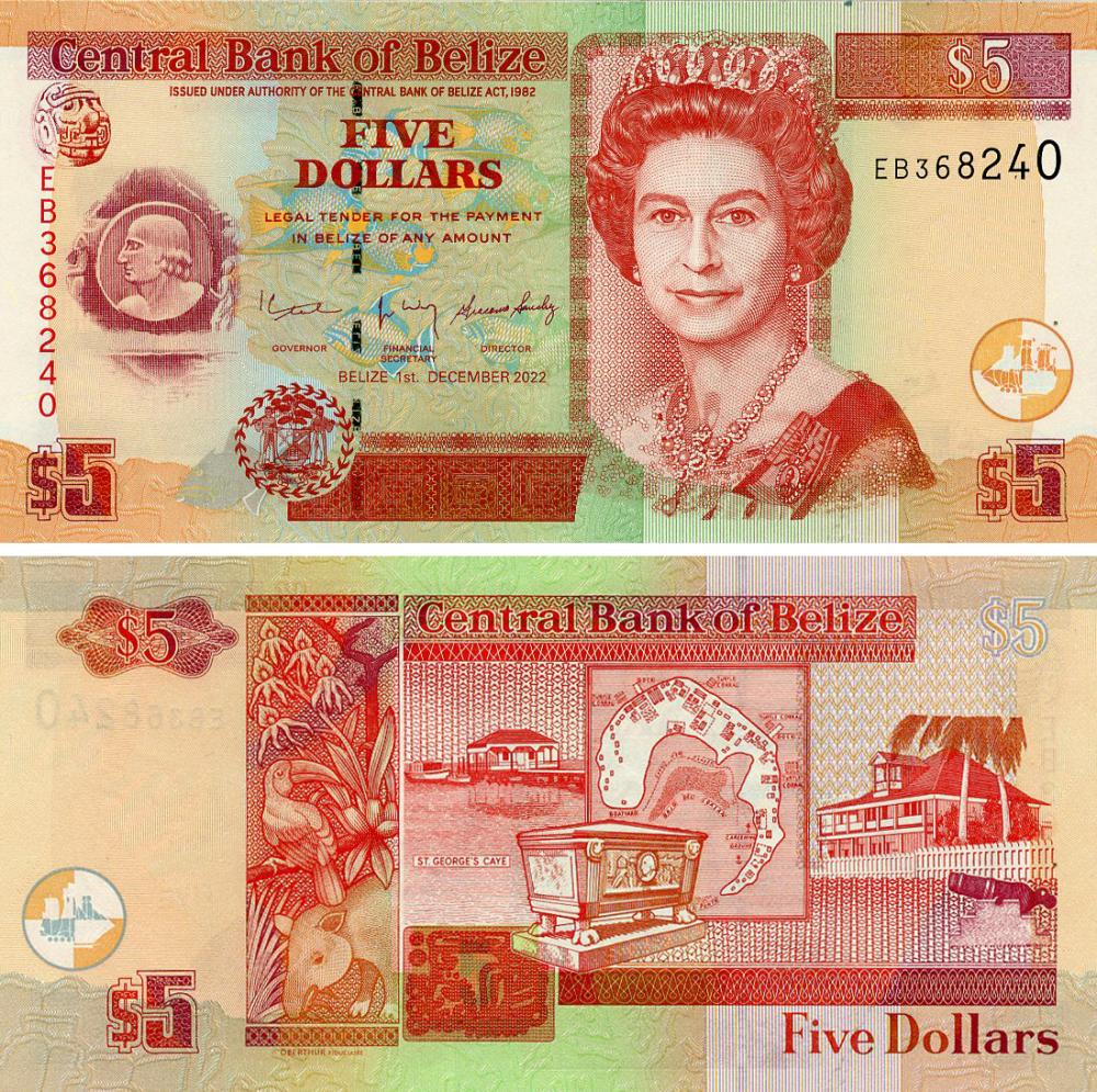 Банкнота колекційна Беліз 5 доларів 2022 UNC (P67)