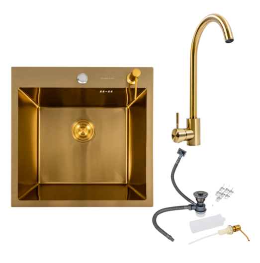 Комплект кухонная мойка и смеситель Valeso PVD Handmade JW449 50x50 см Золотой (29317453)