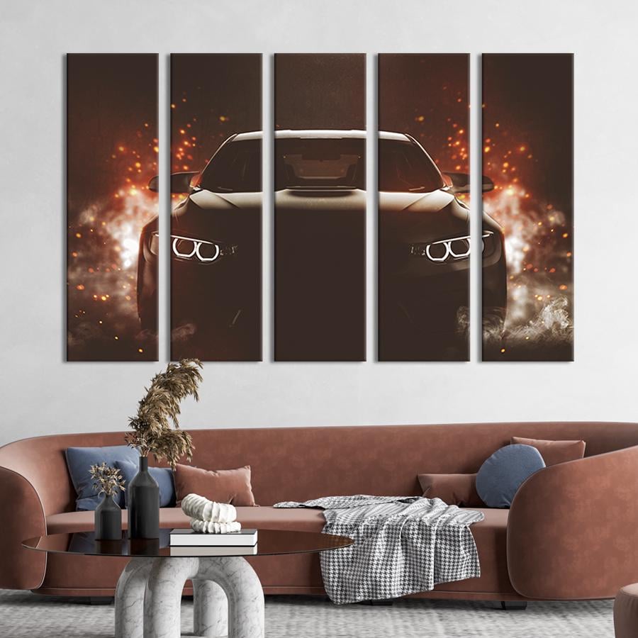 Картина модульная из 5 частей Тёмный автомобиль с неоновыми фарами 155x95 см (105-51)