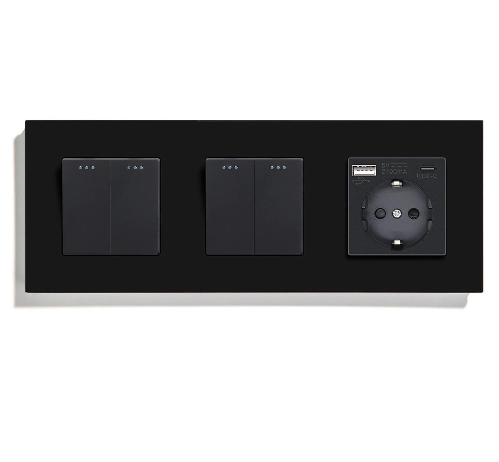 Выключатель универсальный LUXION проходной 4-клавишный 2-2 с розеткой USB A+C 20Вт с заземлением 16А 230 В Черный