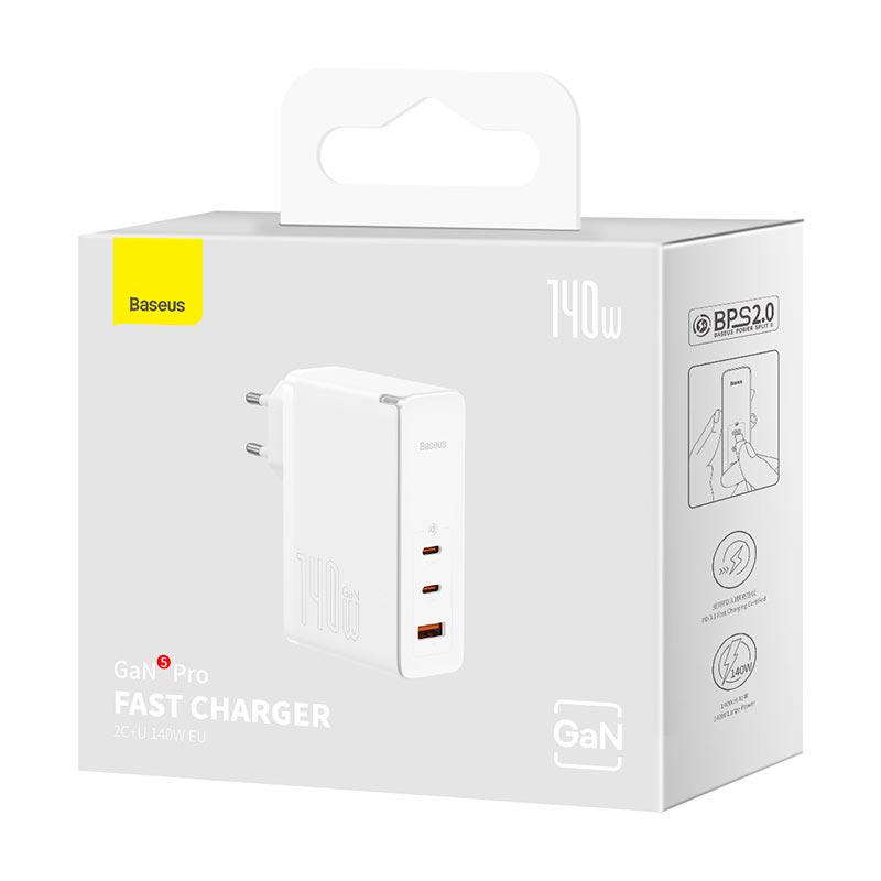 Адаптер сетевой BASEUS Type-C to Typc-C cable Gan5 Pro fast charger 1USB/2Type-C PD/QC 140 W 5 A White (CCGP100202) - фото 4