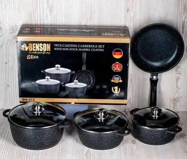 Набор посуды Benson с мраморным антипригарным покрытием 7 пр. (BN-313) Набор посуды Benson с мраморным антипригарным покрытием 7 пр. (BN-313)