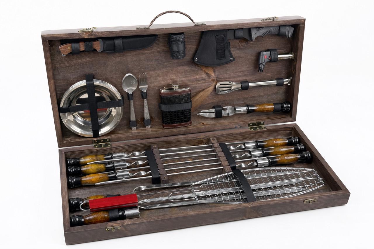 Набор для пикника подарочный Шашлычник шампуры и аксессуары в кейсе 39 пред. Коричневый (10-164-KS-7503)