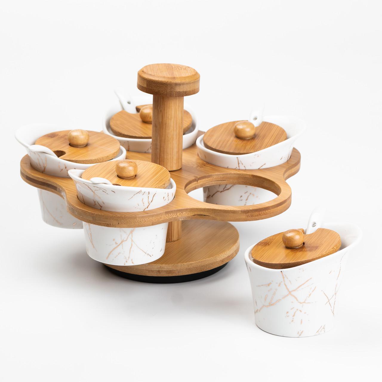 Набор для сыпучих продуктов на бамбуковой подставке 5 банок по 120 Белый (4795)