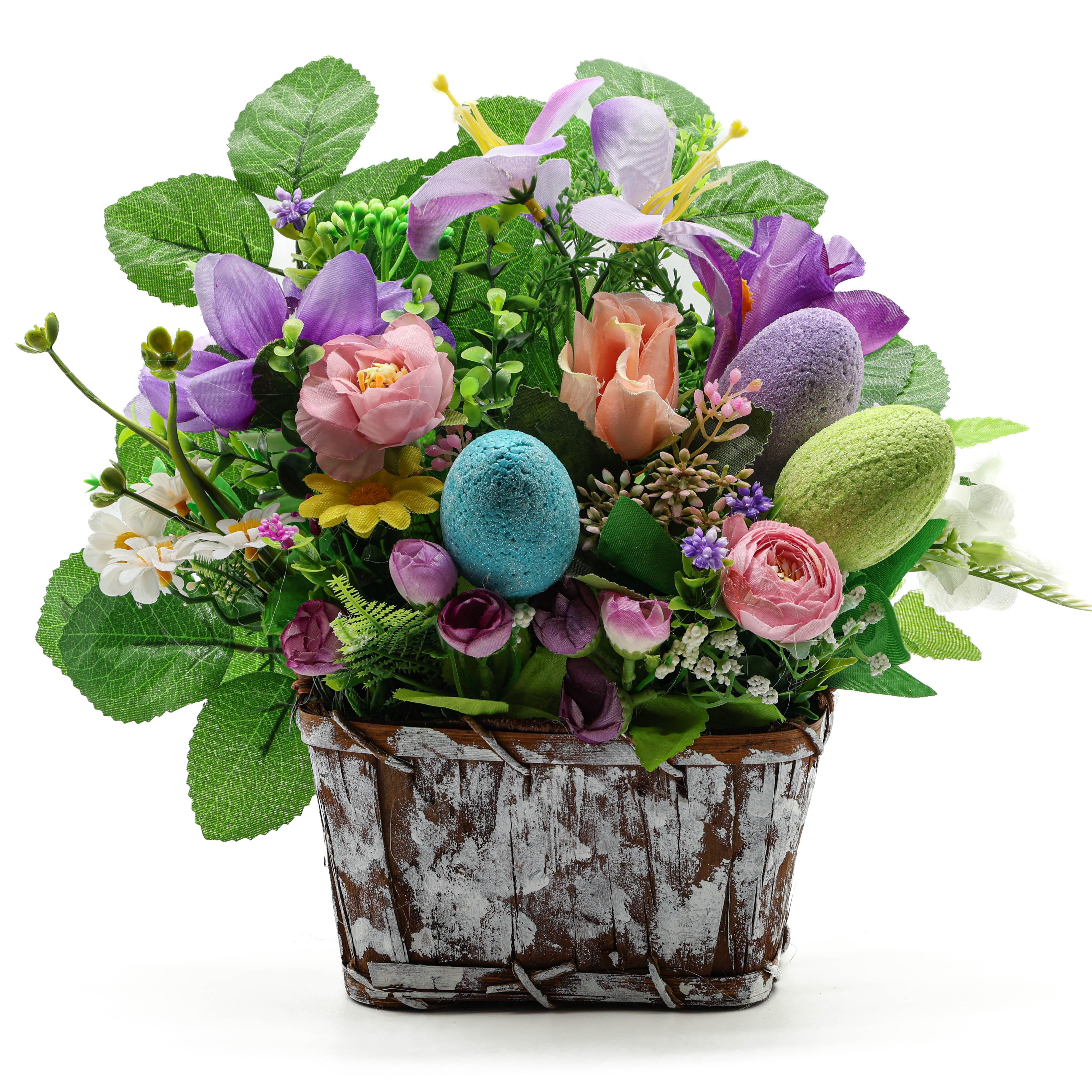 Композиция Пасхи Gala Decor с искусственными цветами и яйцами в деревянном кашпо (KД2525Я)