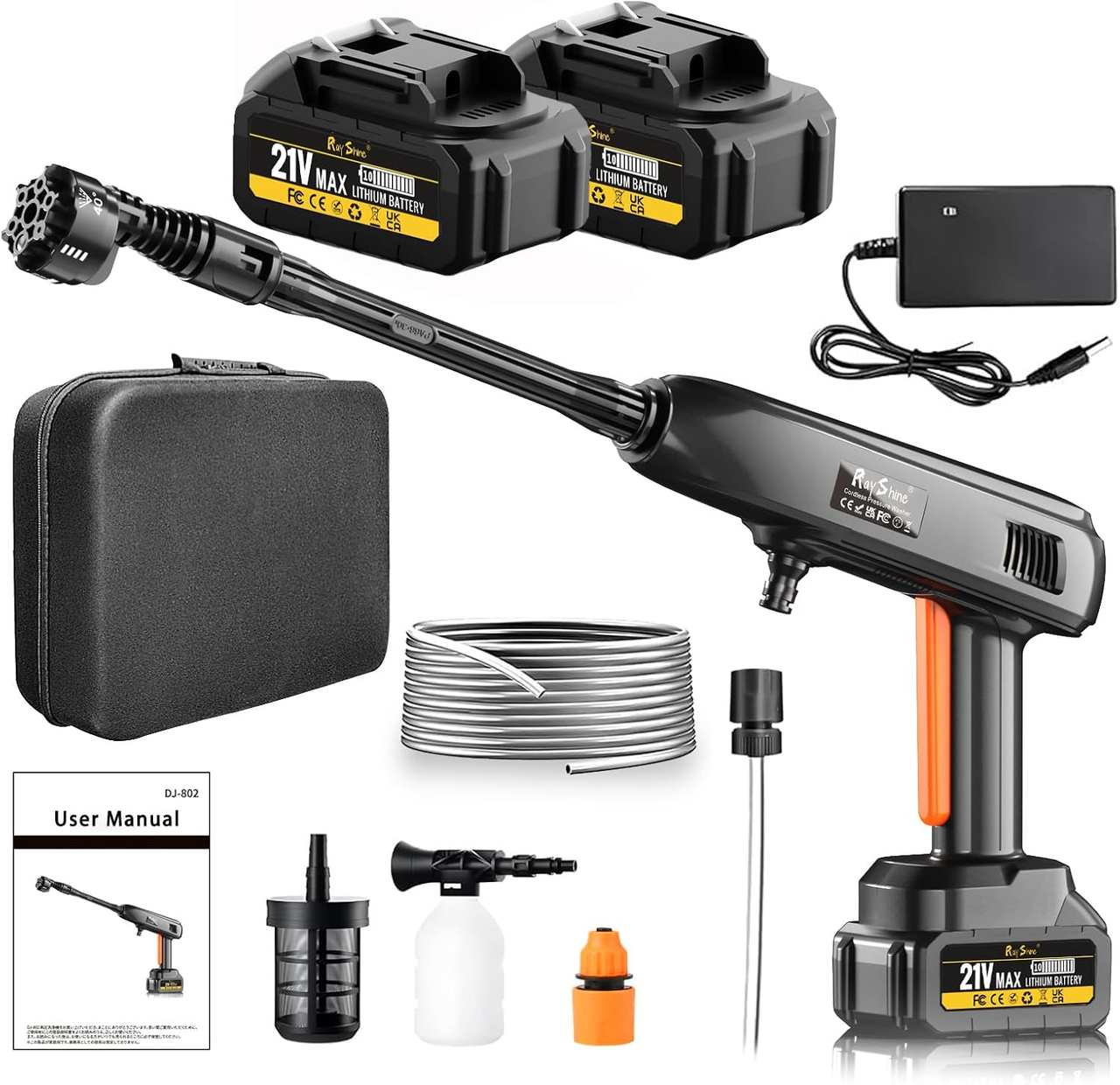 Мийка високого тиску акумуляторна RayShine 1200 PSI 2 батареї 21V насадка 6в1 кейс пінокомплект 336 л/год (3038032857)