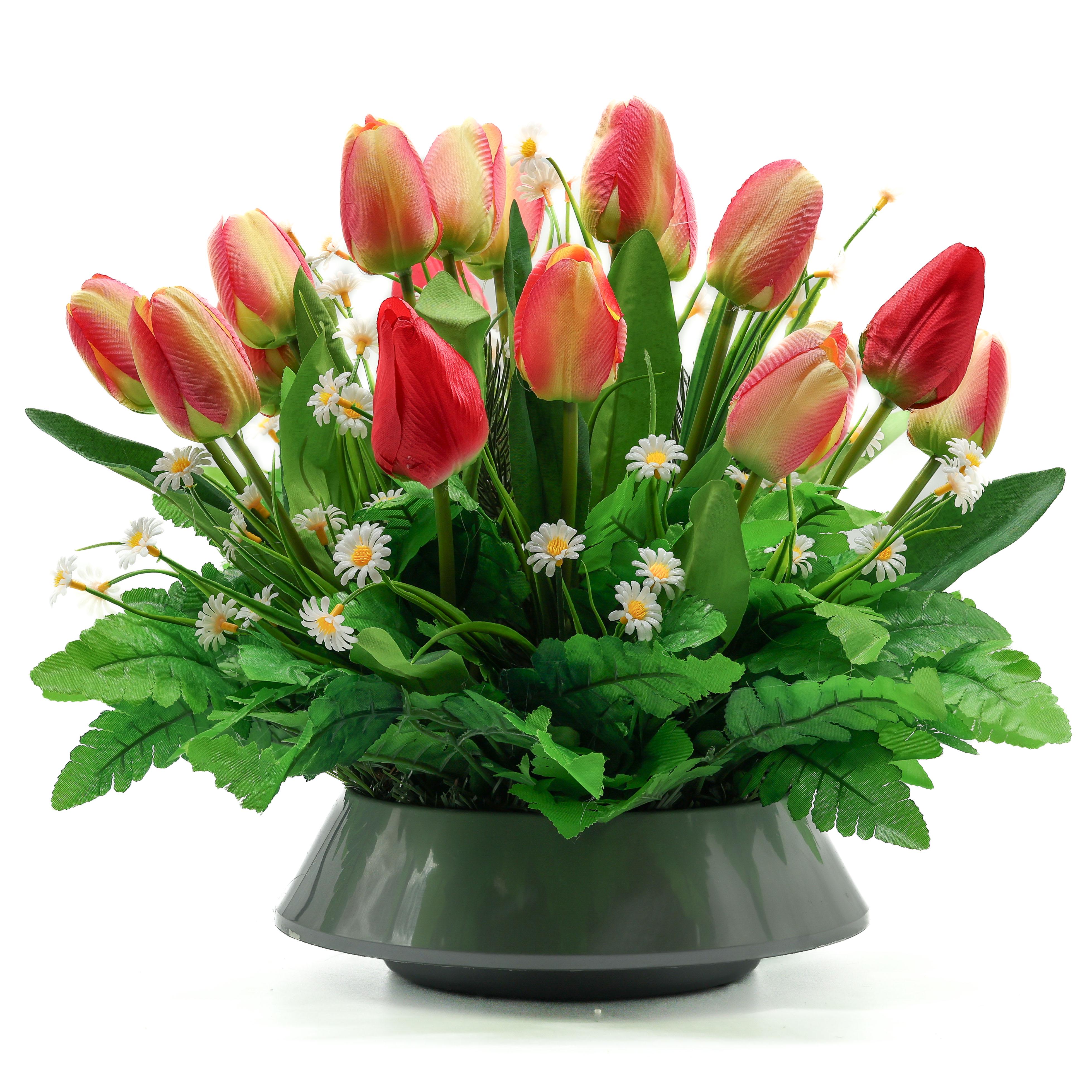 Композиція ритуальна GALA DECOR зі штучними жовто-червоними тюльпанами в пластмасовому кашпо 30х35 см (КВ3035ЖК)