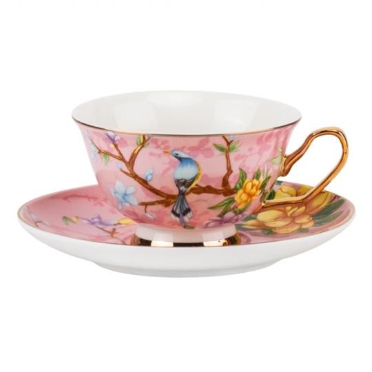 Кружка с блюдцем и ложкой Elisey Spring Birds из керамики 200 мл Розовый с белым (135-81-9217-004)