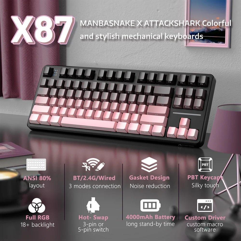 Клавиатура attack shark X87/наклейки укр раскладки 2.4G/Bluetooth/USB type-c RGB Подсветка Розово-черный - фото 5 Клавиатура attack shark X87/наклейки укр раскладки 2.4G/Bluetooth/USB type-c RGB Подсветка Розово-черный - фото 5