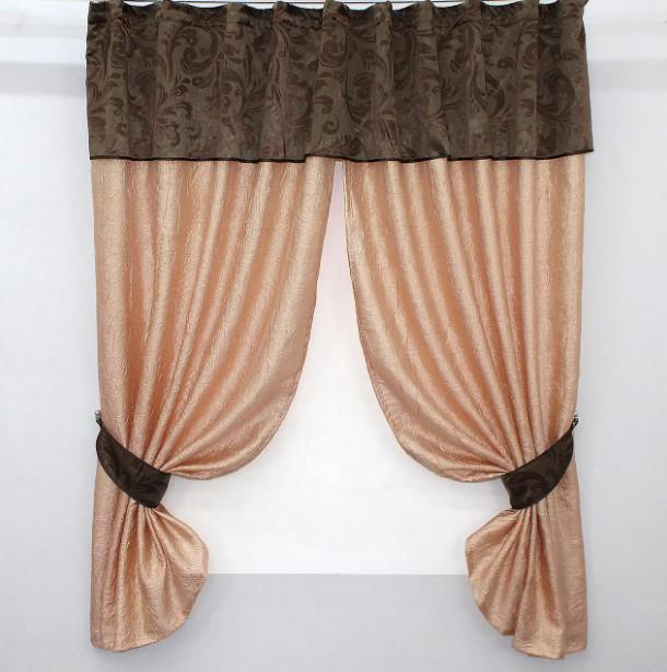 Шторки на кухню с ламбрекеном 260х170 см Персиковый/Темно-коричневый (073к)