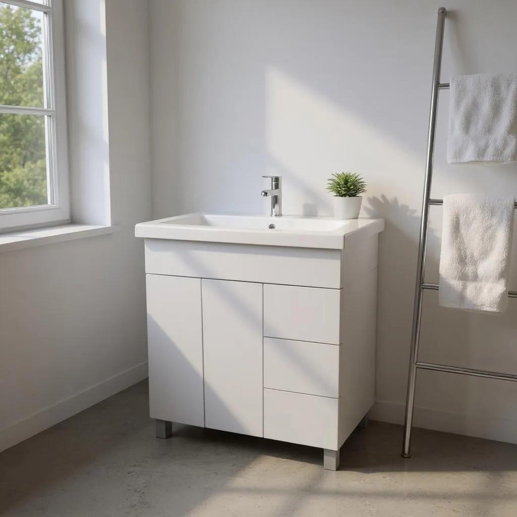 Тумба для ванної кімнати з 3 висувними ящами і двома дверима з прямокутним умивальником 70 см (2482)