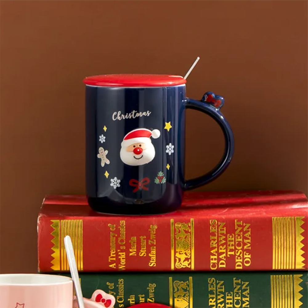 Чашка новогодняя с крышкой и ложкой Санта керамика 360 мл Синий - фото 9