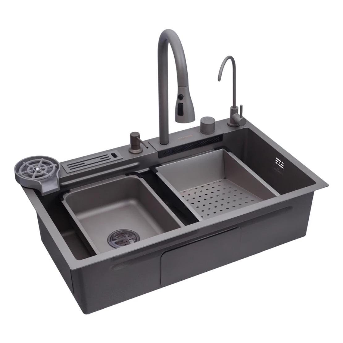 Мийка кухонна Kroner KRP Schwarze SET7545NG PVD з функцією миття склянок та змішувачем Сірий (23181343)