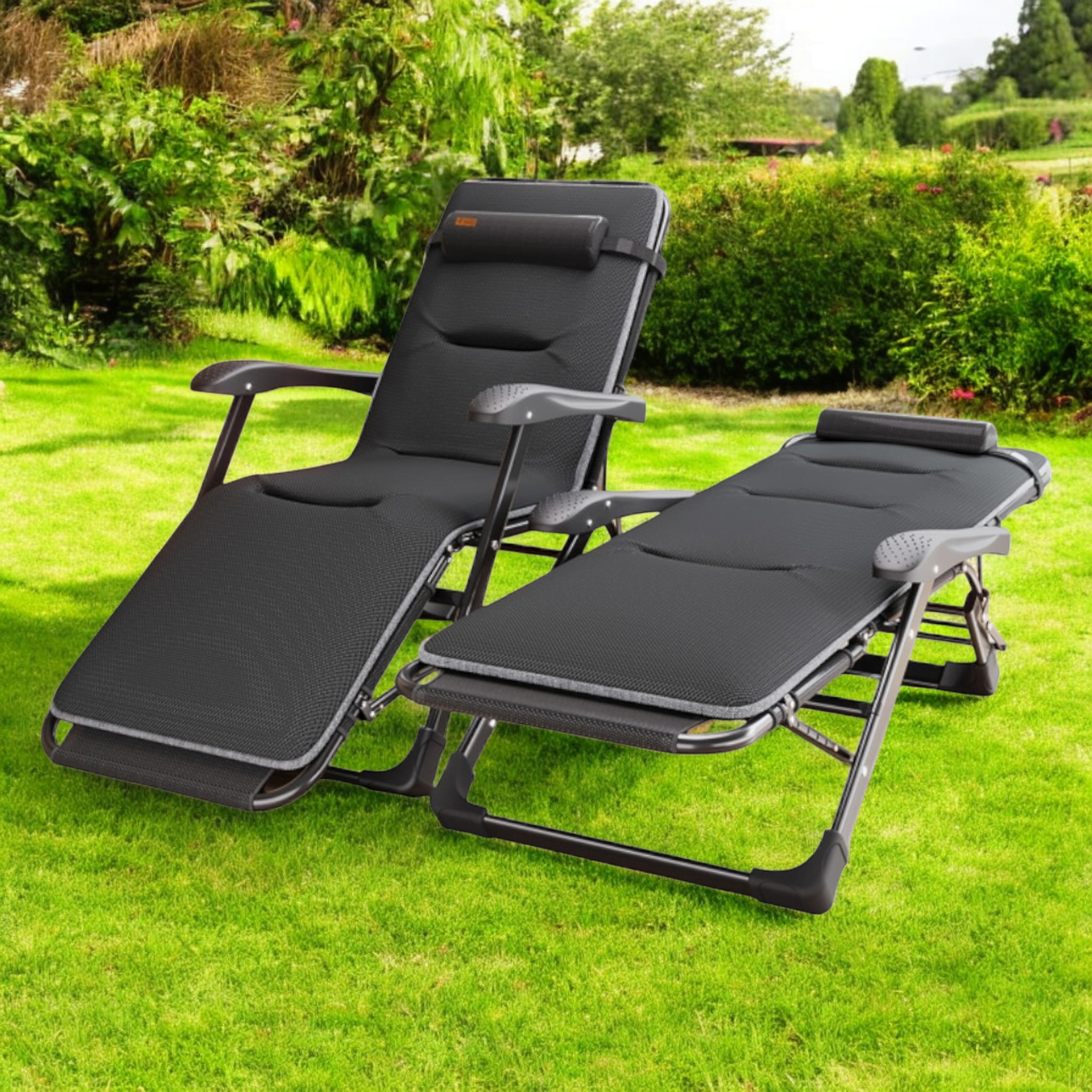 Шезлонг раскладной WCG FCB-S07PM садовый с подушкой и матрасом Черный (FCB-S07PM1)