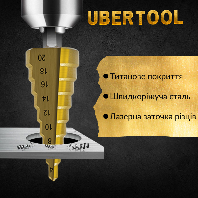 Свердло ступінчасте Ubertool із швидкорізальної сталі з титановим покриттям 4-32 мм 4-20 мм (012369) - фото 2