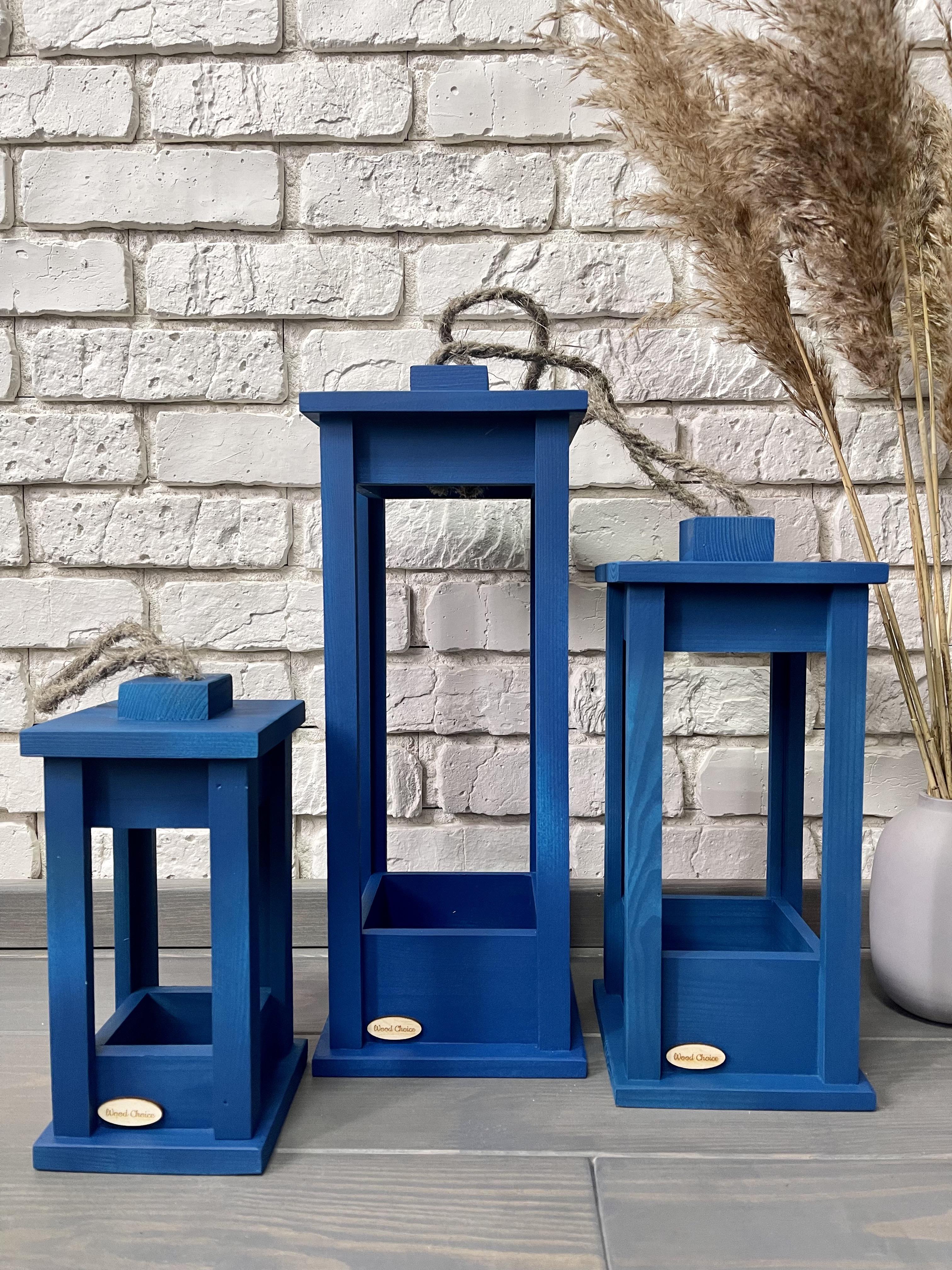 Набор подсвечников деревянные Фонари 25/35/45 см Синий - фото 2 Набор подсвечников деревянные Фонари 25/35/45 см Синий - фото 2