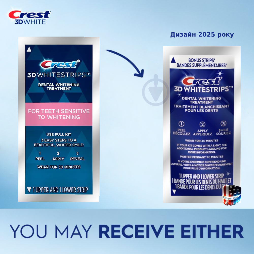 Отбеливающие полоски для чувствительных зубов Crest 3D Whitestrips Sensitive 26 полосок (00008) - фото 3 Отбеливающие полоски для чувствительных зубов Crest 3D Whitestrips Sensitive 26 полосок (00008) - фото 3