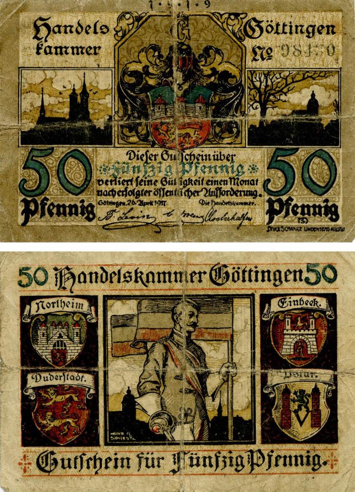 Коллекционная банкнота Германия Нотгельд 50 пфеннигов 1917 G-VG Эттинген (Б18680)